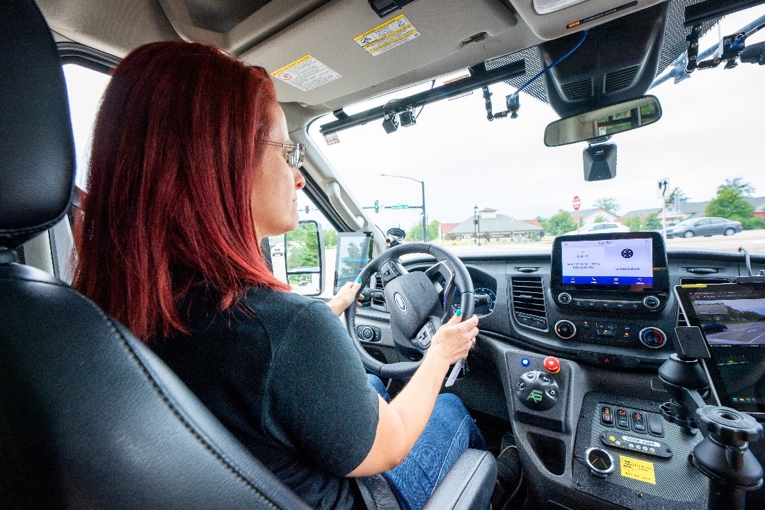 Roe (pictured) is shown driving the NADS Ford Transit and is also safety lead for our ADS for Rural America demonstration project