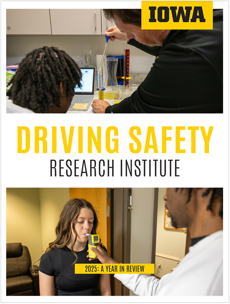 Cover of the 2025 Driving Safety Research Institute Annual Report, showing measuring liquids and breathalyzer testing