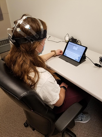 Study subject wearing a mobile, wireless X24 EEG headset (Advanced Brain Monitoring, Carlsbad, CA) and completing the Cannabis Impairment Detection Application (CIDA) on a tablet