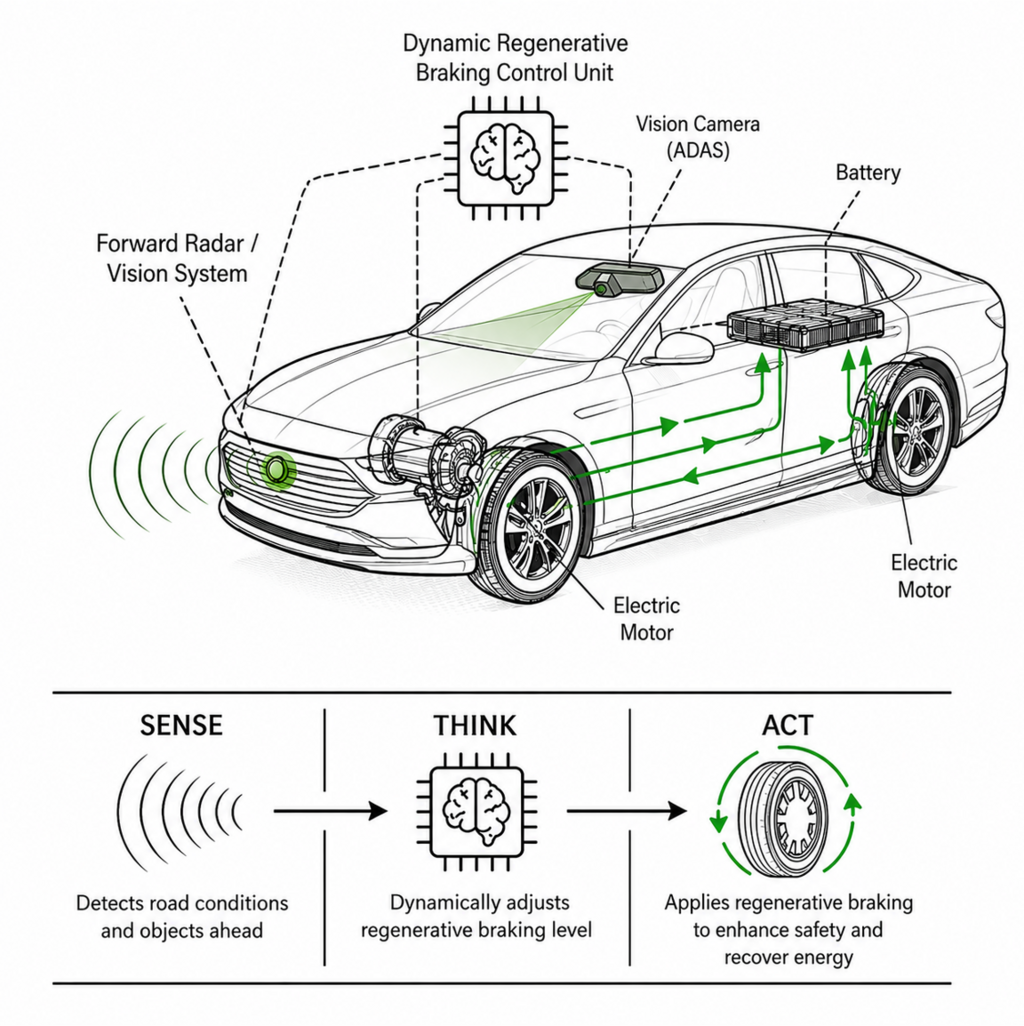 Diagram of an electric vehicle regenerative braking system showing a forward radar, vision camera, and dynamic regenerative braking control unit that detect road conditions and adjust braking levels. Arrows illustrate energy flow between electric motors and the battery, enabling safer braking and energy recovery.