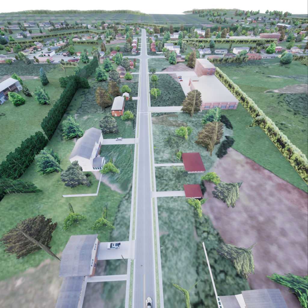 Birds eye view of an Unreal Engine scenario of a school