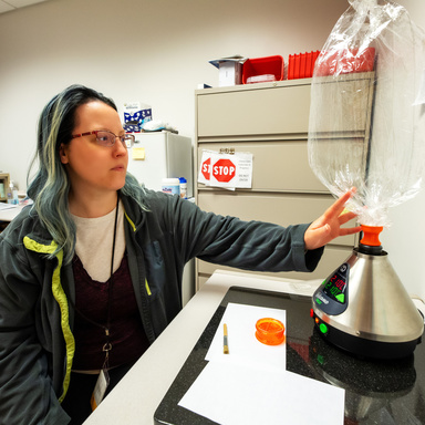 Rose Schmitt, research coordination specialist, demonstrates (using air) how vaporized cannabis is collected into a balloon, which is used for dose administration.