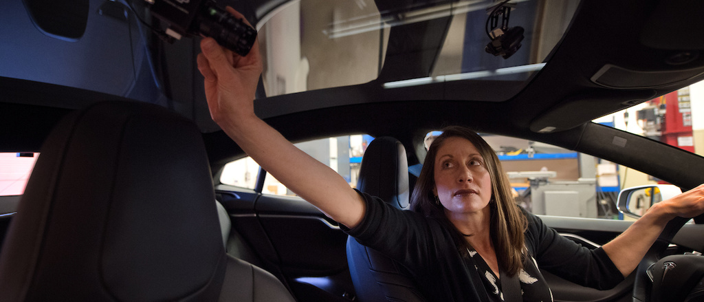 Cher Carney inside NADS' Tesla research vehicle
