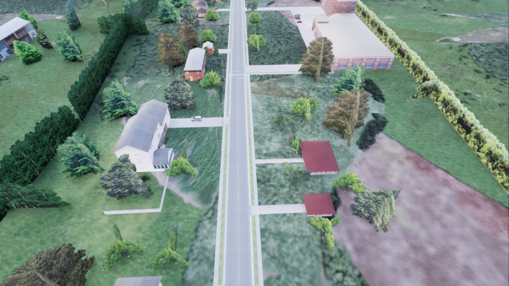 Birds eye view of an Unreal Engine scenario of a school